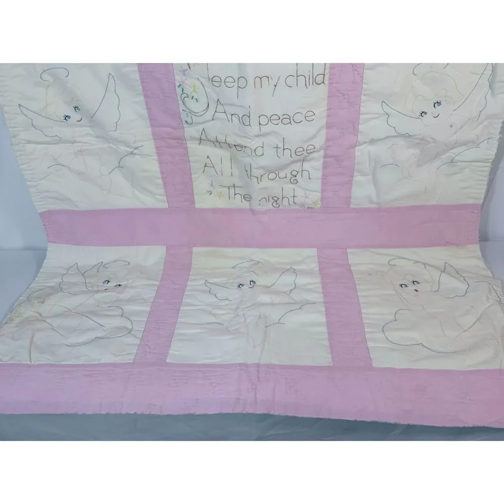 VTG Child Baby Crib Quilt Handmade Angel Pink Girl Sleep My Child Cottage Cherub